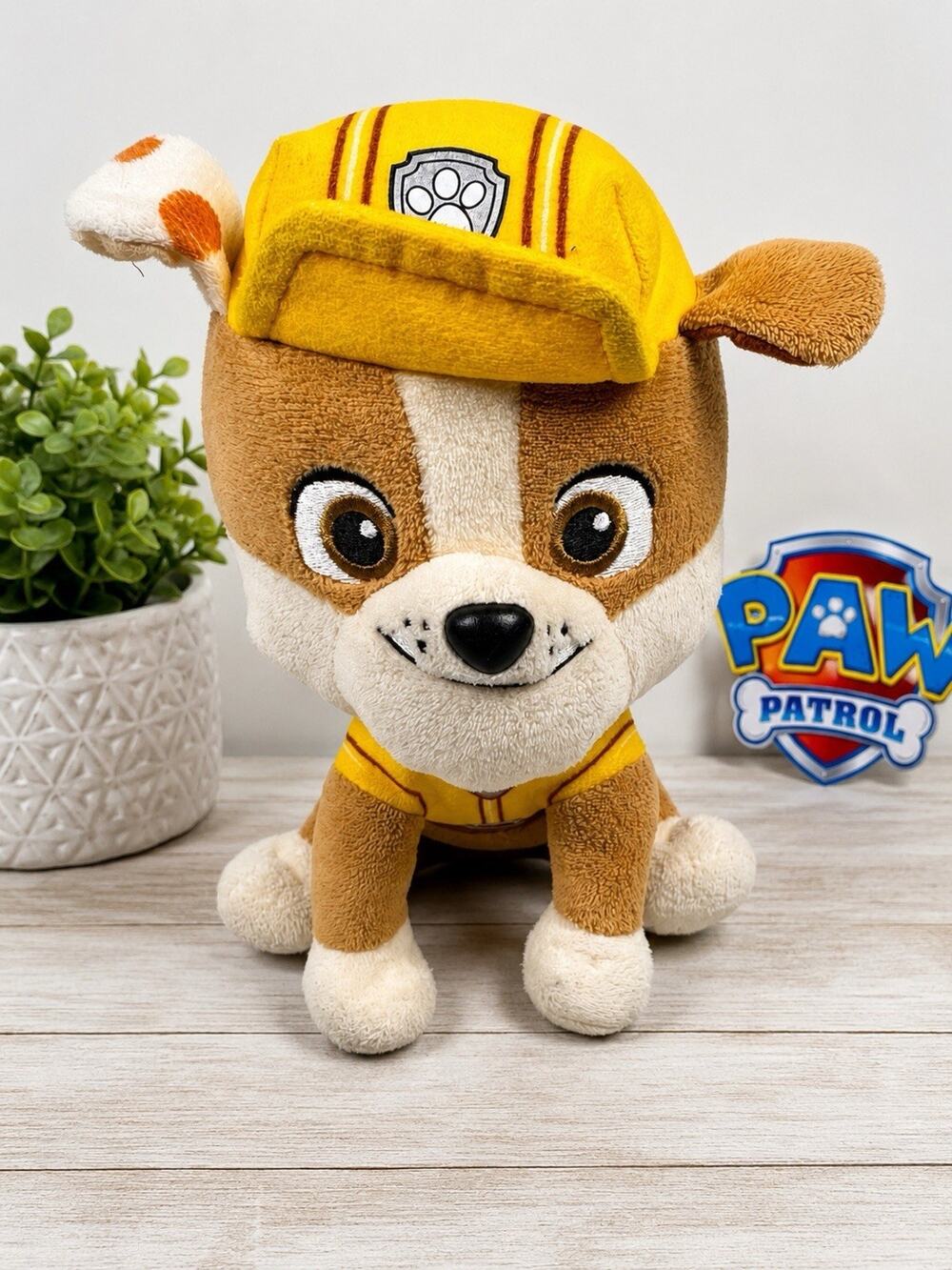 Paw Patrol Rubble Plush Stuffed Animal Yellow Helmet Bulldog Toy 9”